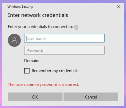 Incorrect credentials alert